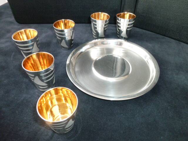 Liqueur service, silver-plated metal shot.