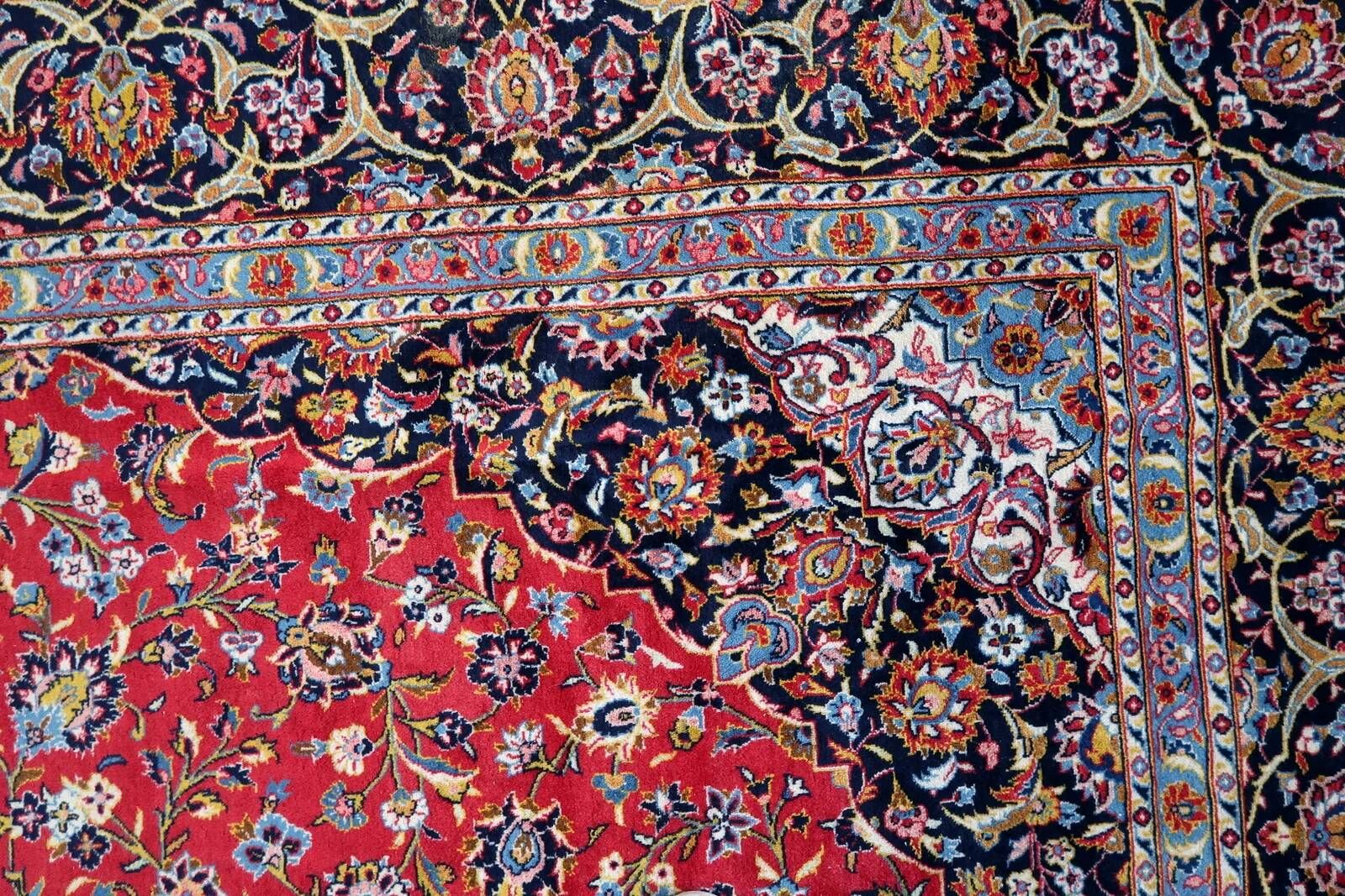 1920s handmade antique wool medallion rug, red & navy, 298 × 411 cm - 1C1302