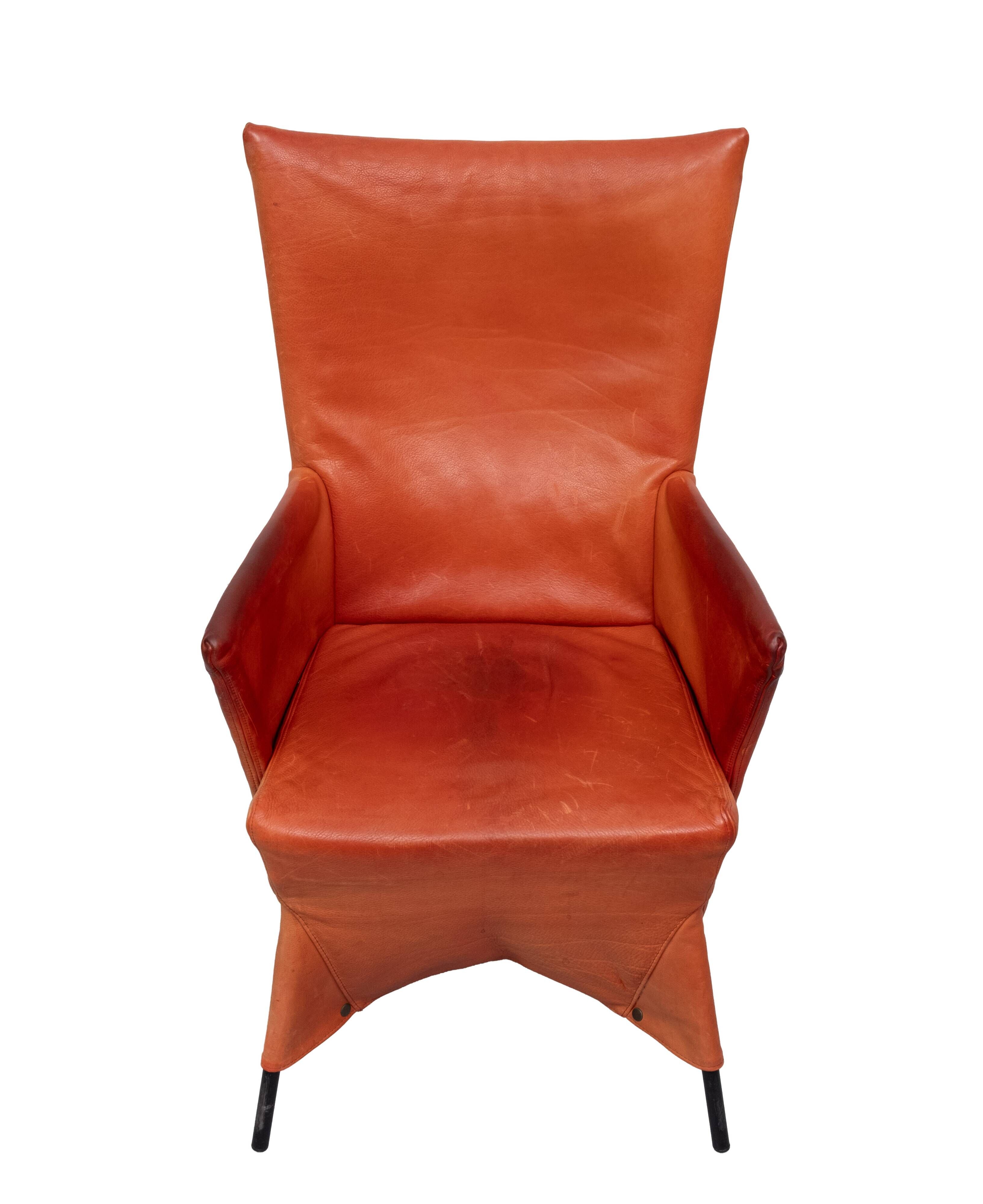 Gerard van der Berg Orange Leather Skirt Arm Chair 1980s