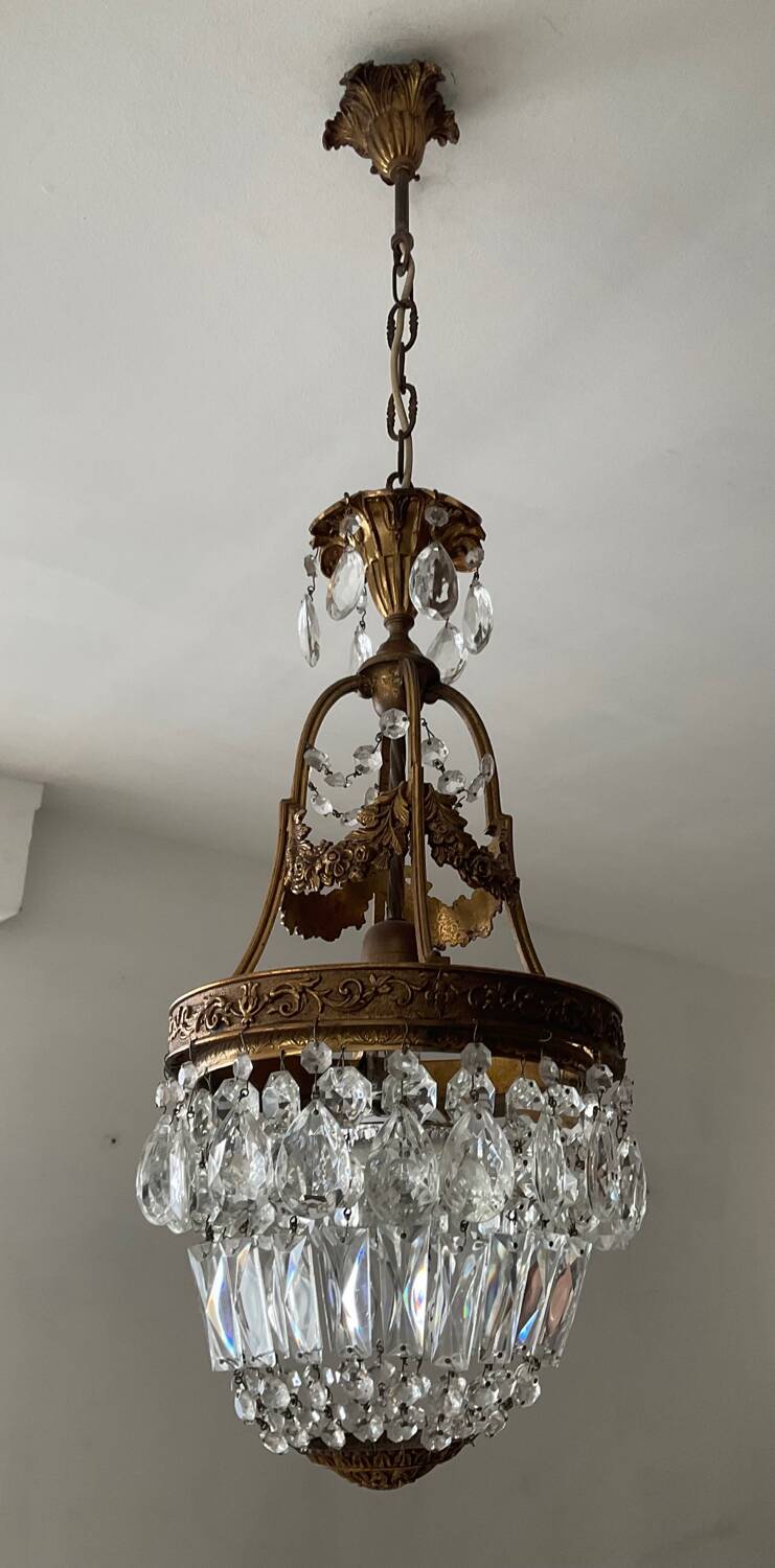 Old bronze basket chandelier with tassels