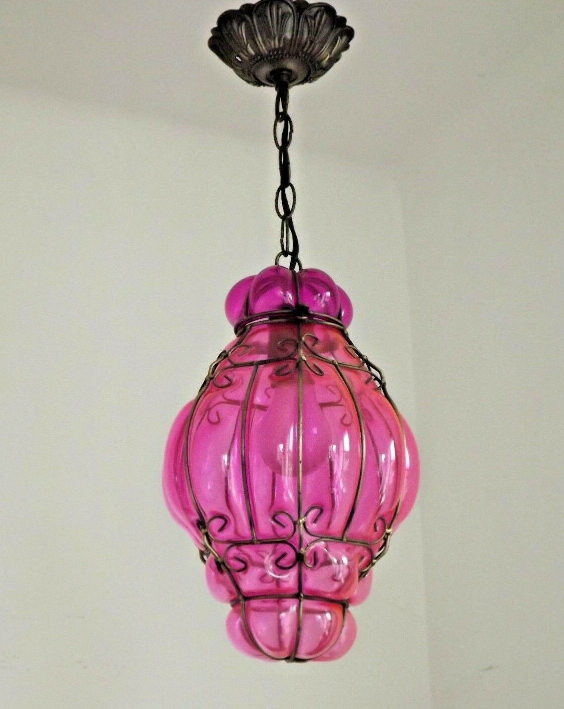 Beautiful Shaded Deep Pink  Murano Blown Glass Wrought Iron Ceiling Light