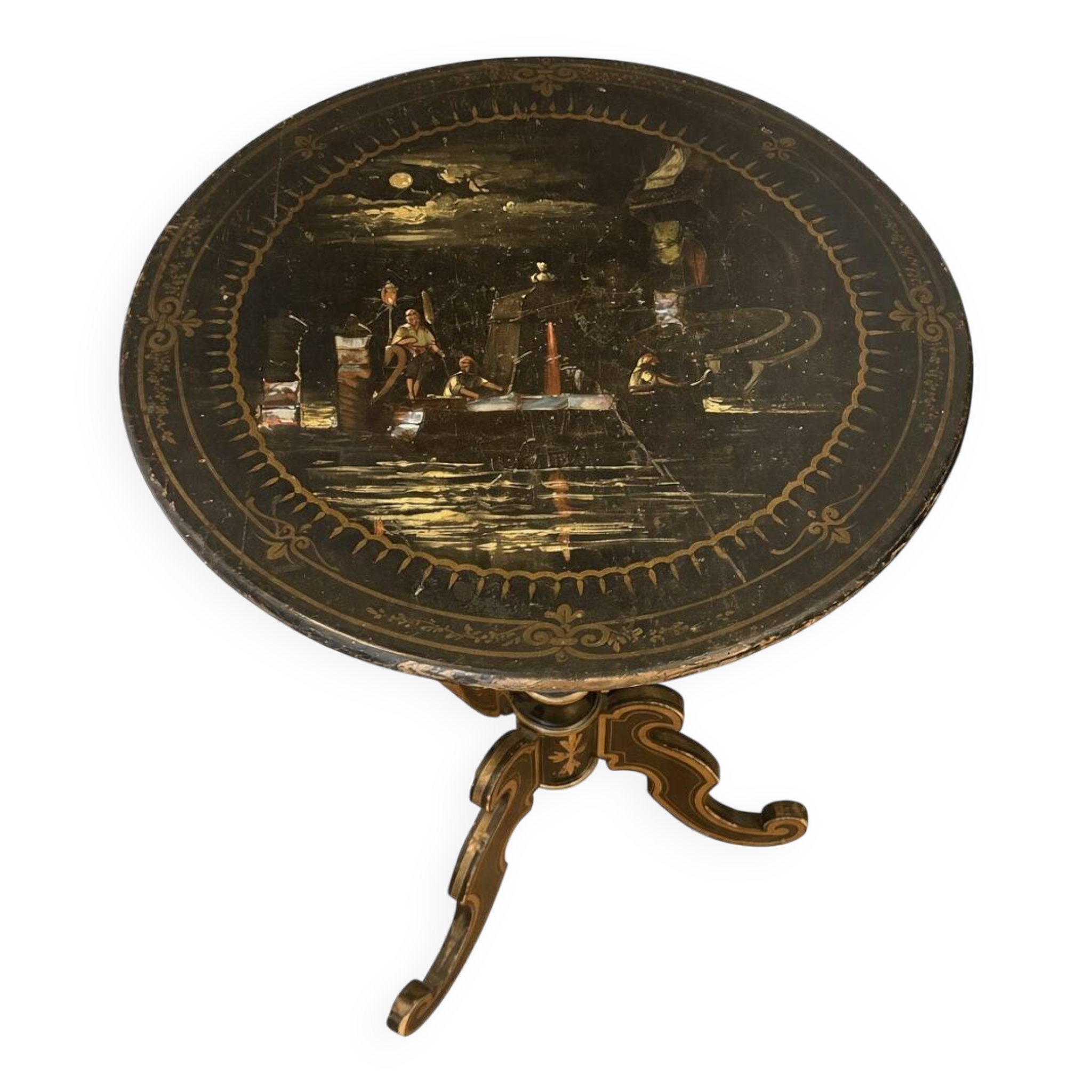Tilting gueridon Napoleon III; Venetian scene in moonlight; D50cm