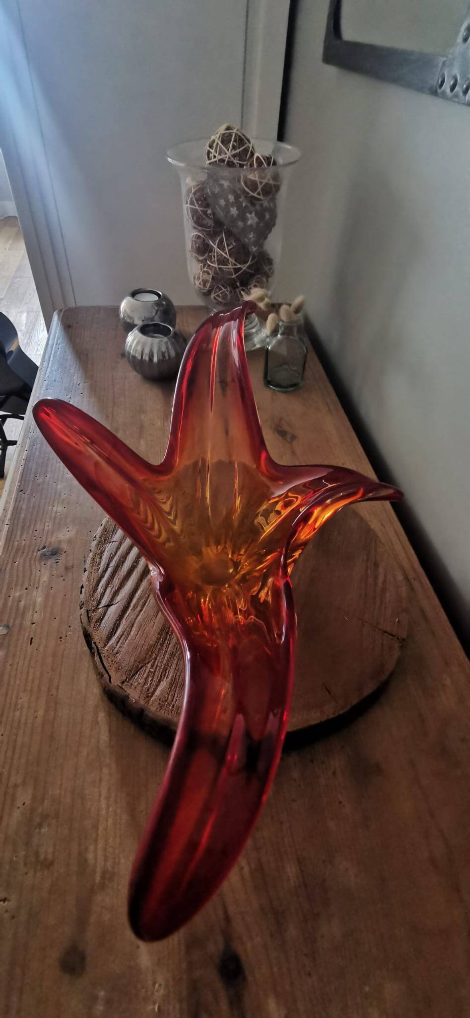 Large orange-red blown glass bowl