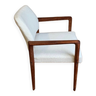 Fauteuil Mid Century bois et tissu laine bouclée