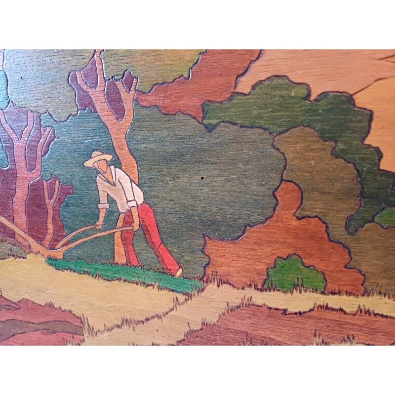 Wooden table, varnished painting signed Clavere.