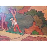 Wooden table, varnished painting signed Clavere.