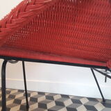 Armchair basket red vintage style frame metal seat wicker rattan scoubidou