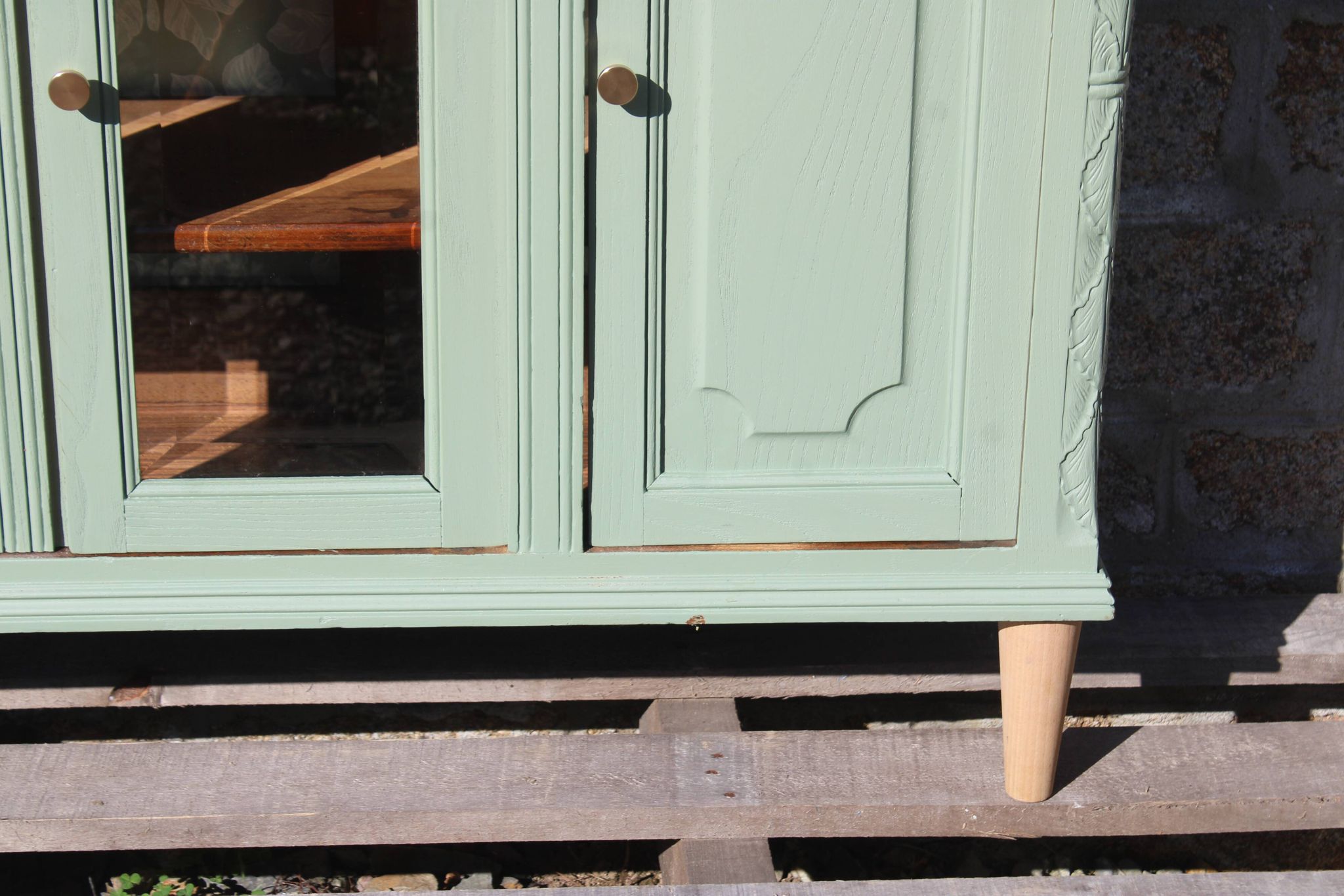 Renovated vintage sage green enfilade – wooden legs & bevelled display cabinets