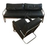 Sofa and armchair in chrome metal and black leather