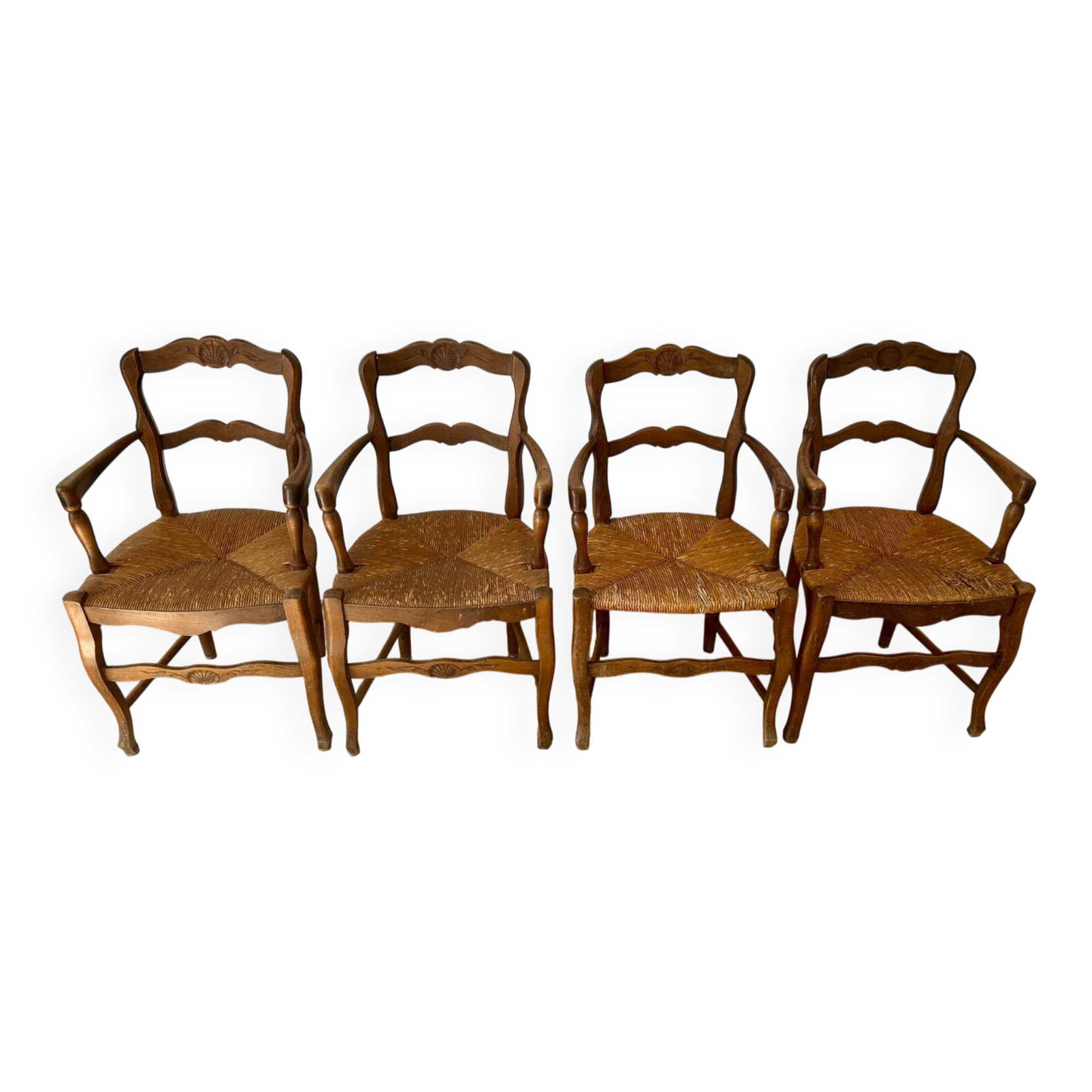 Set of 4 Louis XV style oak straw chairs/armchairs