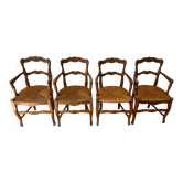 Lot de 4 chaises / fauteuils paillés en chêne style Louis XV