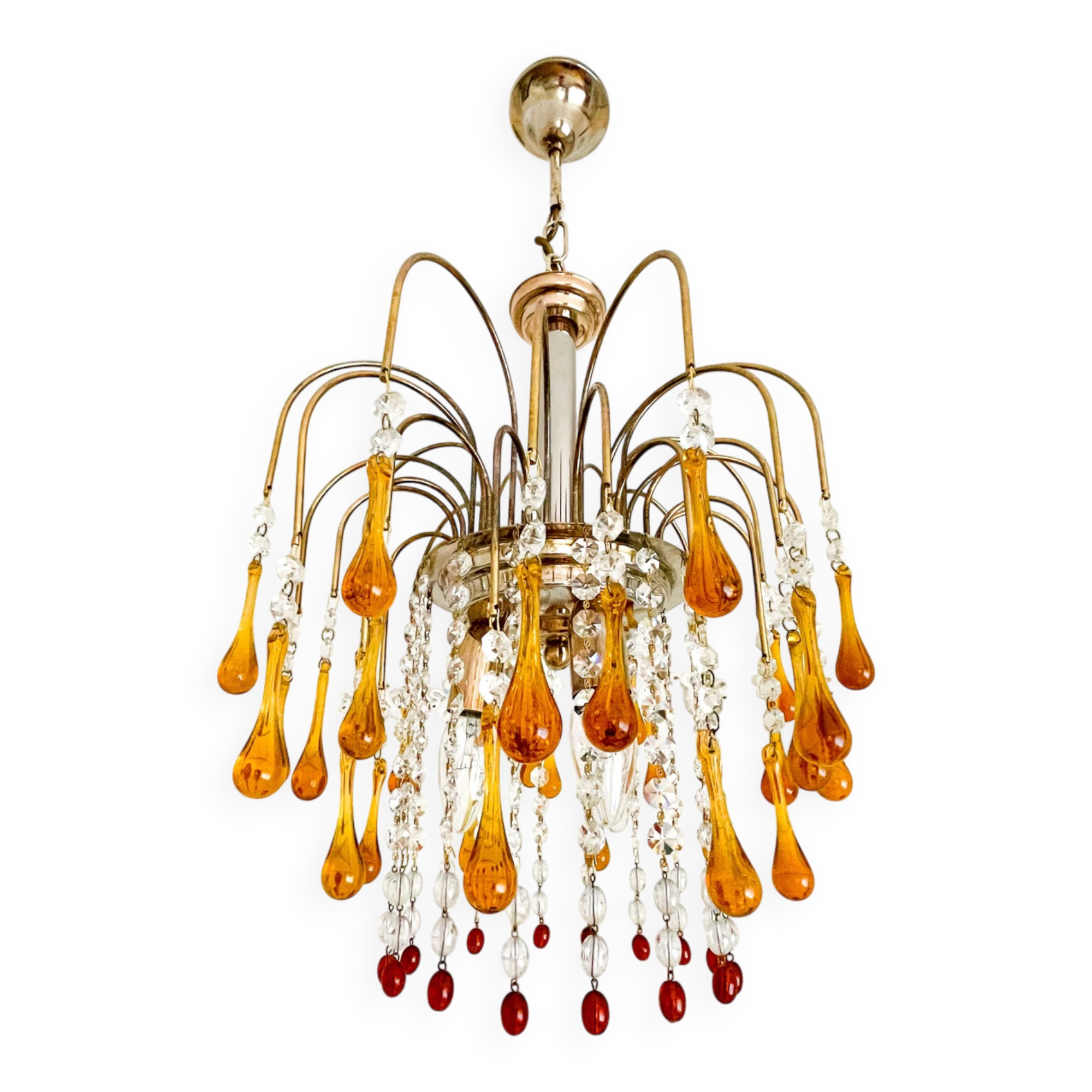 Lustre cascade Murano vintage en verre ambré et cristal, chandelier it