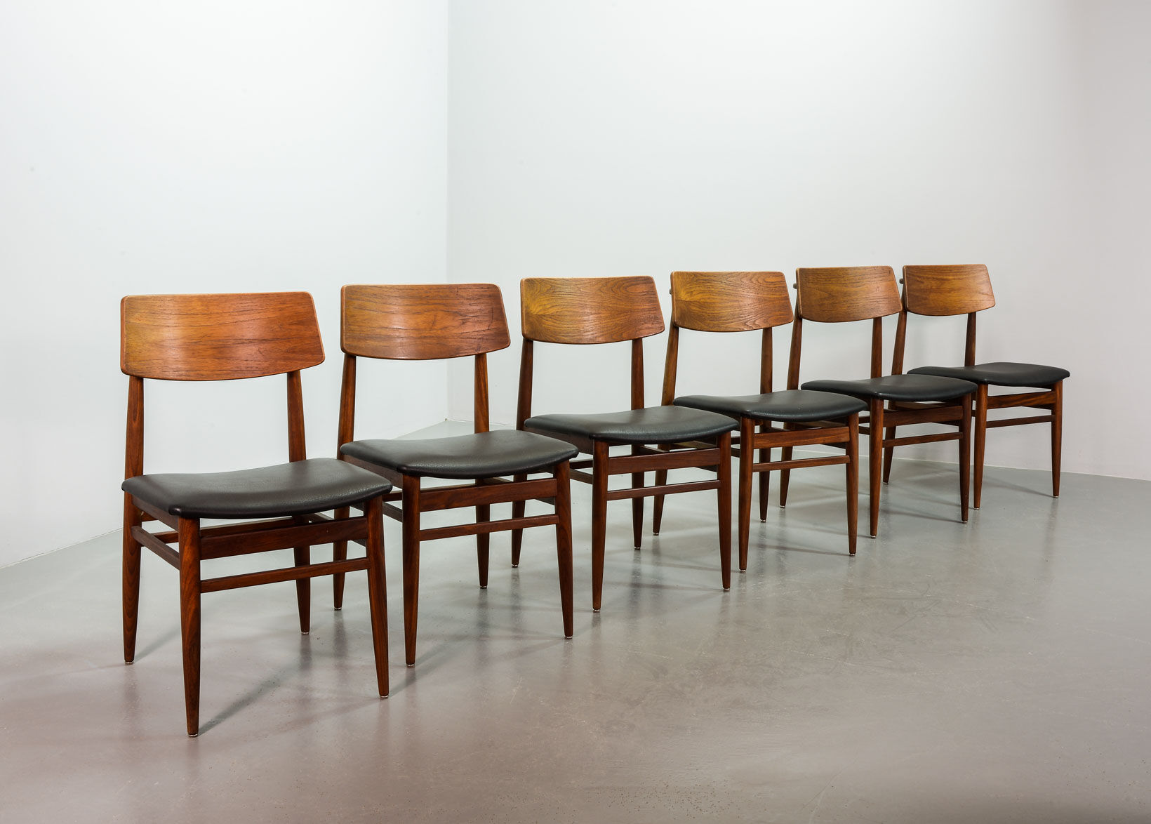 Danish Solid Teak Wooden Dining Chairs with Black Leatherette Seating 1960s