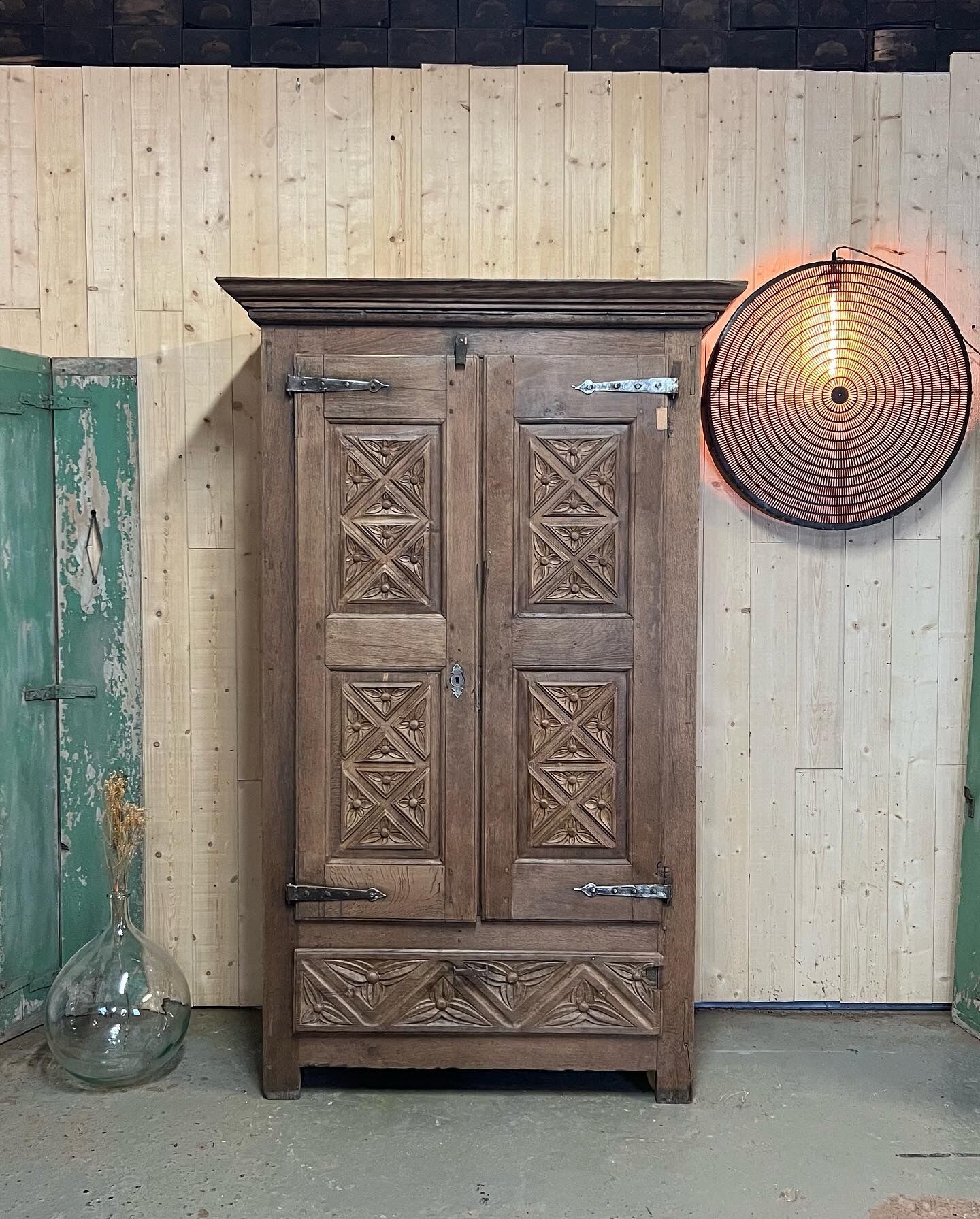 Old brutalist regionalist oak cabinet XIX th century