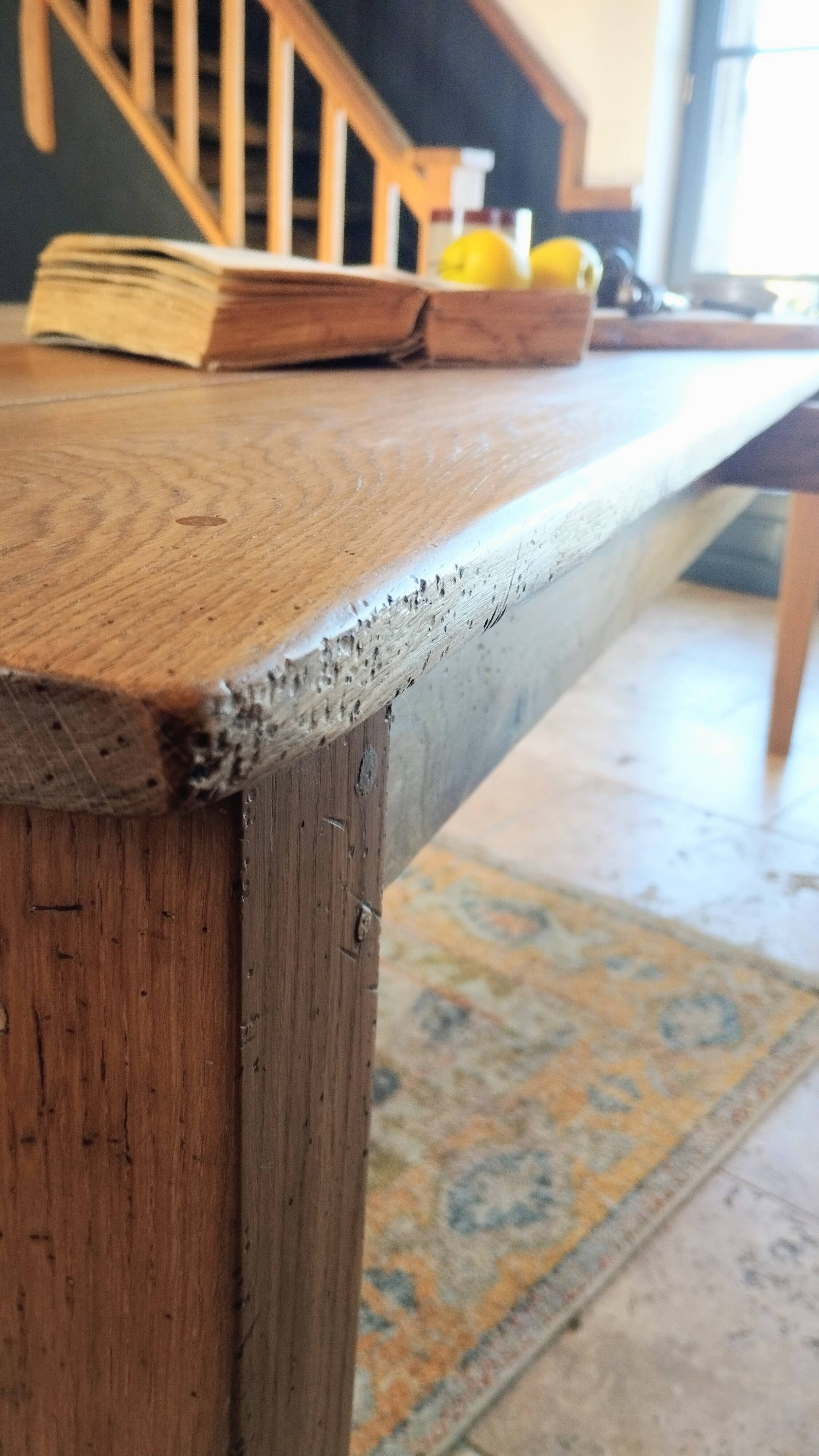 Solid oak farmhouse table with central drawer and extension