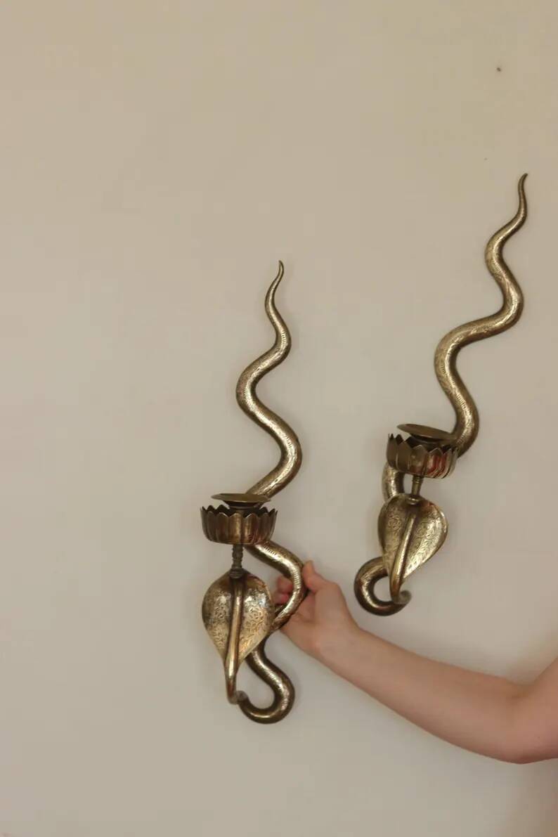 Pair of Egyptian Revival Style Engraved Brass Cobra Sconces
