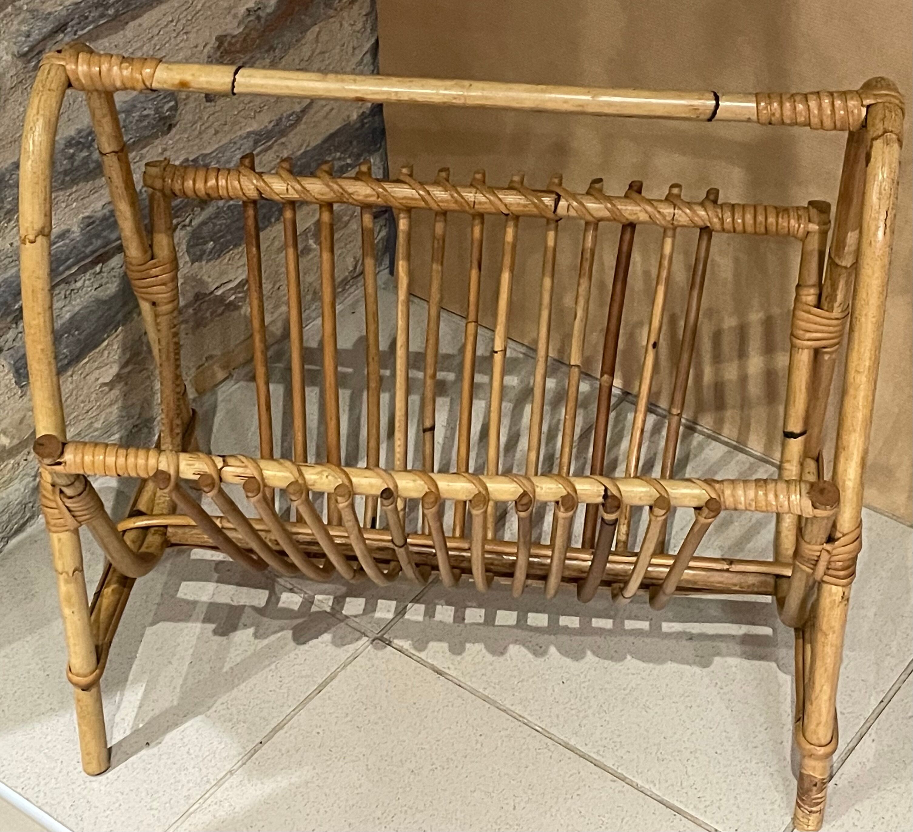 Vintage rattan magazine holder 1960 70