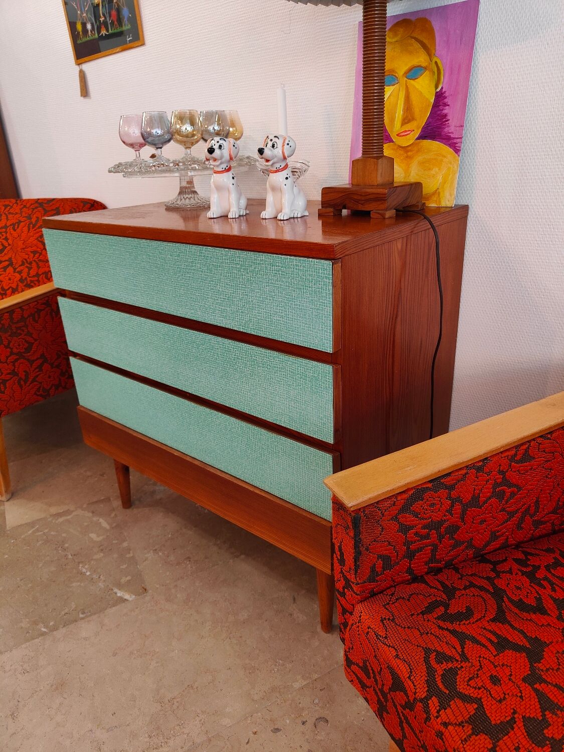 Commode Tchèque bois et formica vert d'eau