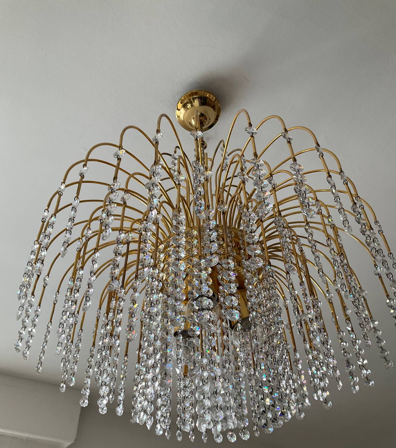 Vintage brass chandelier with crystal tassels cascade