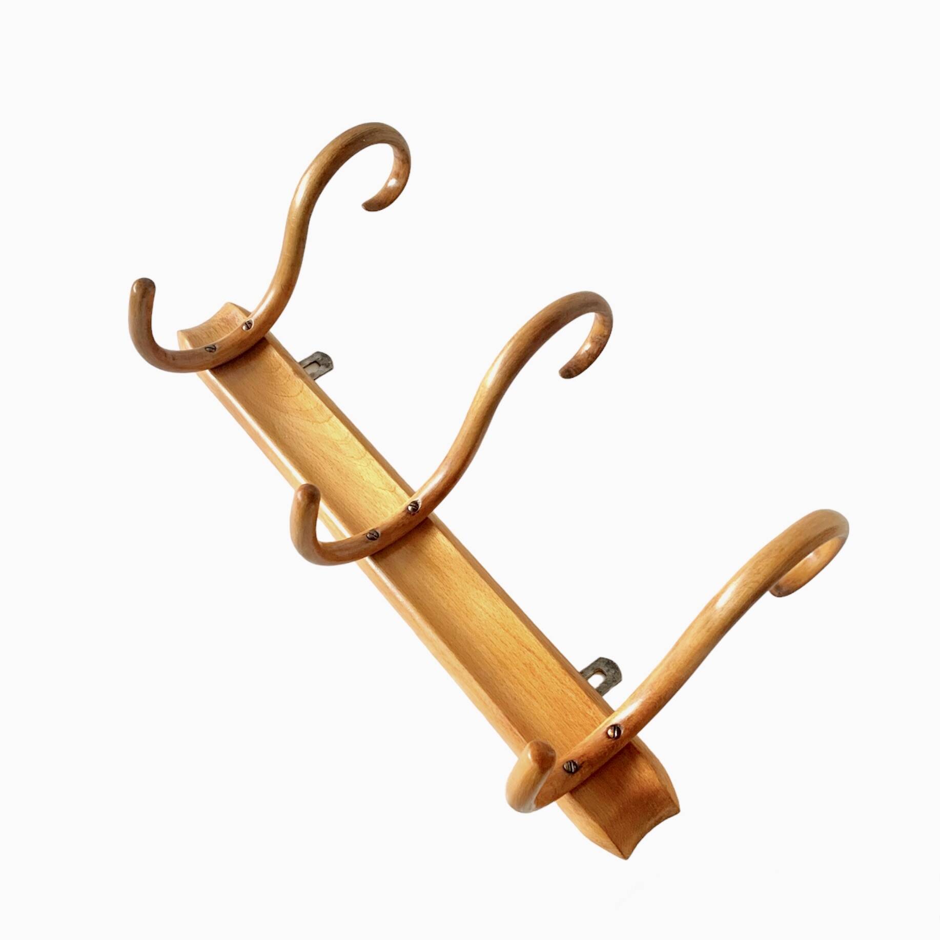 Old Thonet wall coat rack in bent wood - 3 hooks