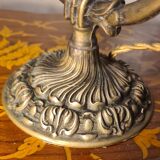 Bronze and brass lamp, transparent and blue glass shade.