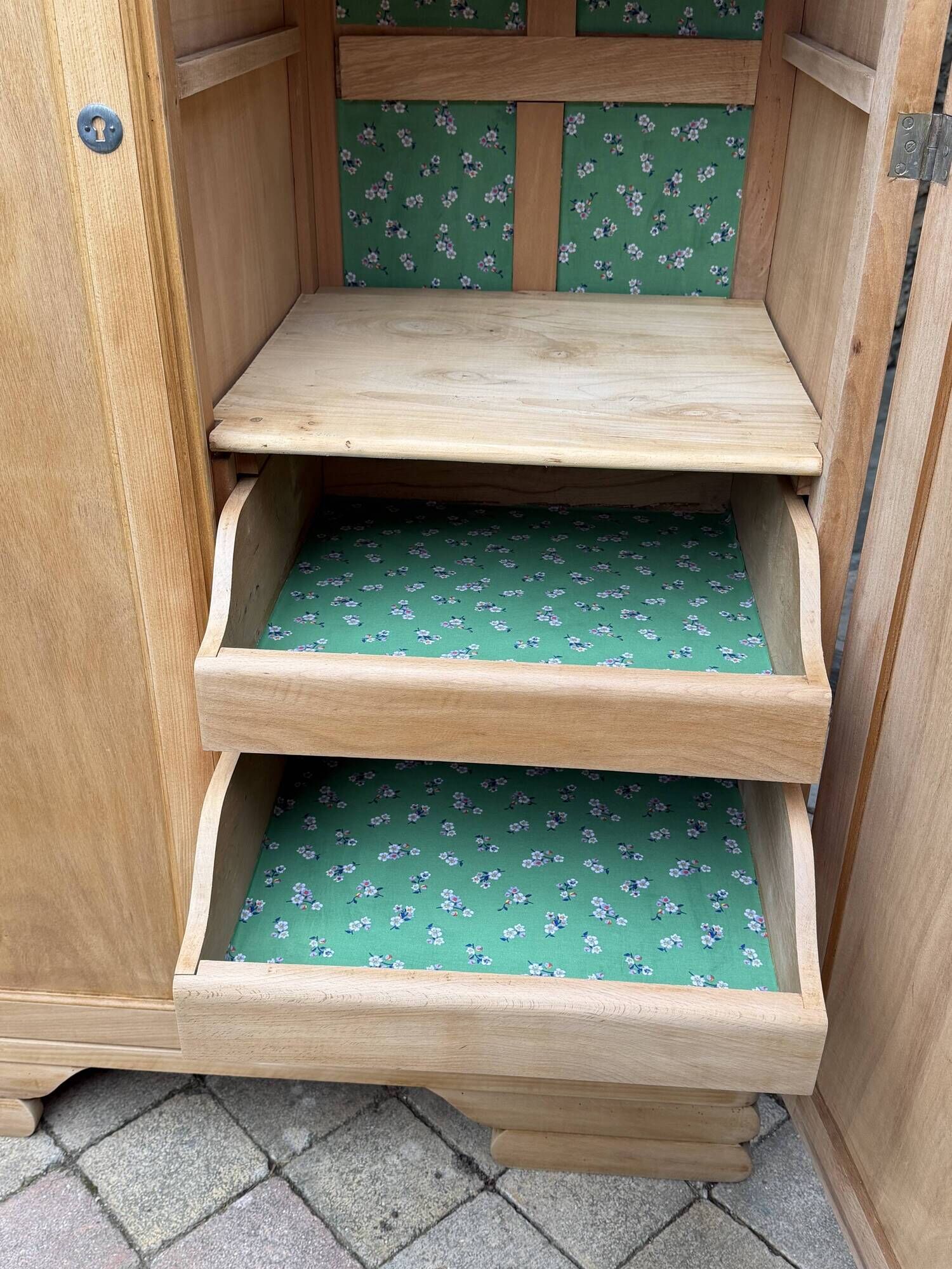 Parisian Art Deco wardrobe, renovated with raw wood.