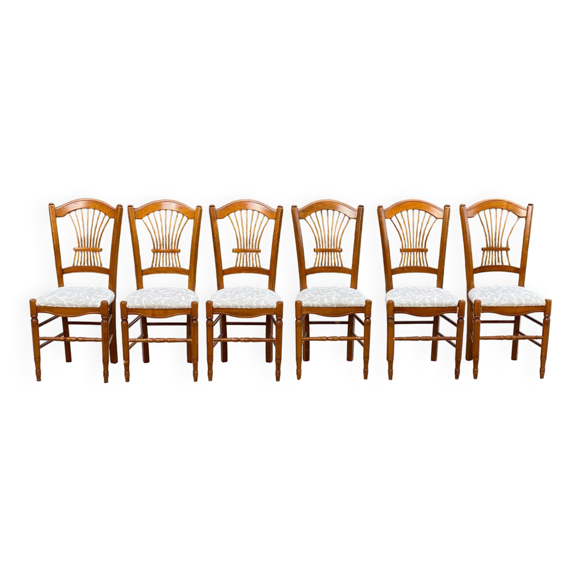 6 vintage dining room chairs in solid wood and gray fabric