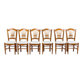 6 chaises de salle à manger vintage en bois massif et tissu gris