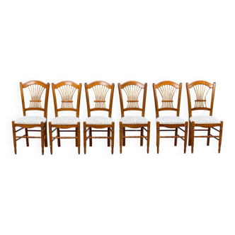 6 vintage dining room chairs in solid wood and gray fabric