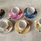 6 mocha coffee cups with saucers and spoons, colorful, golden handle, from the 60s