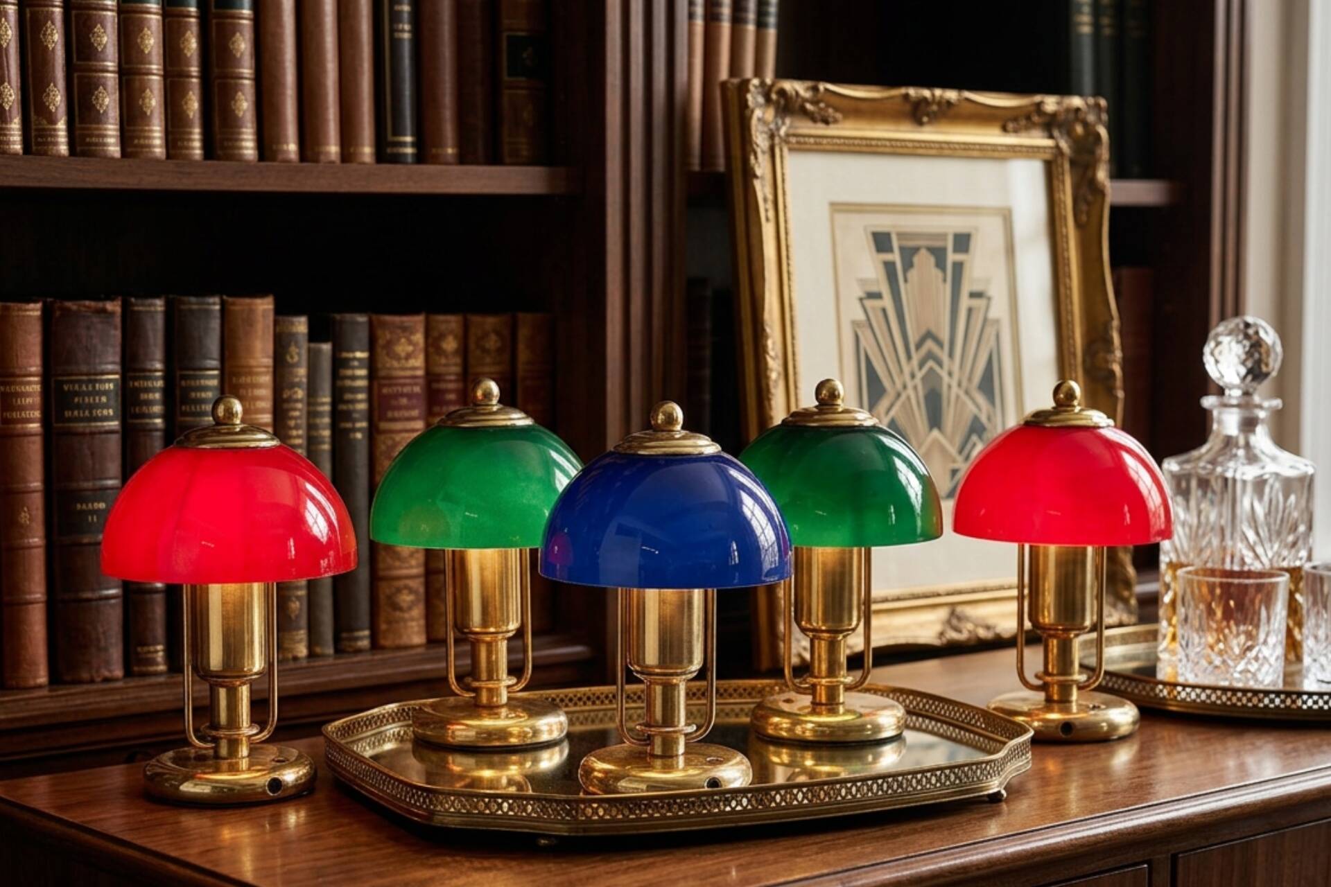 Set di 5 Lampade Vintage stile Nautico – Ottone e Vetro Colorato – 23cm