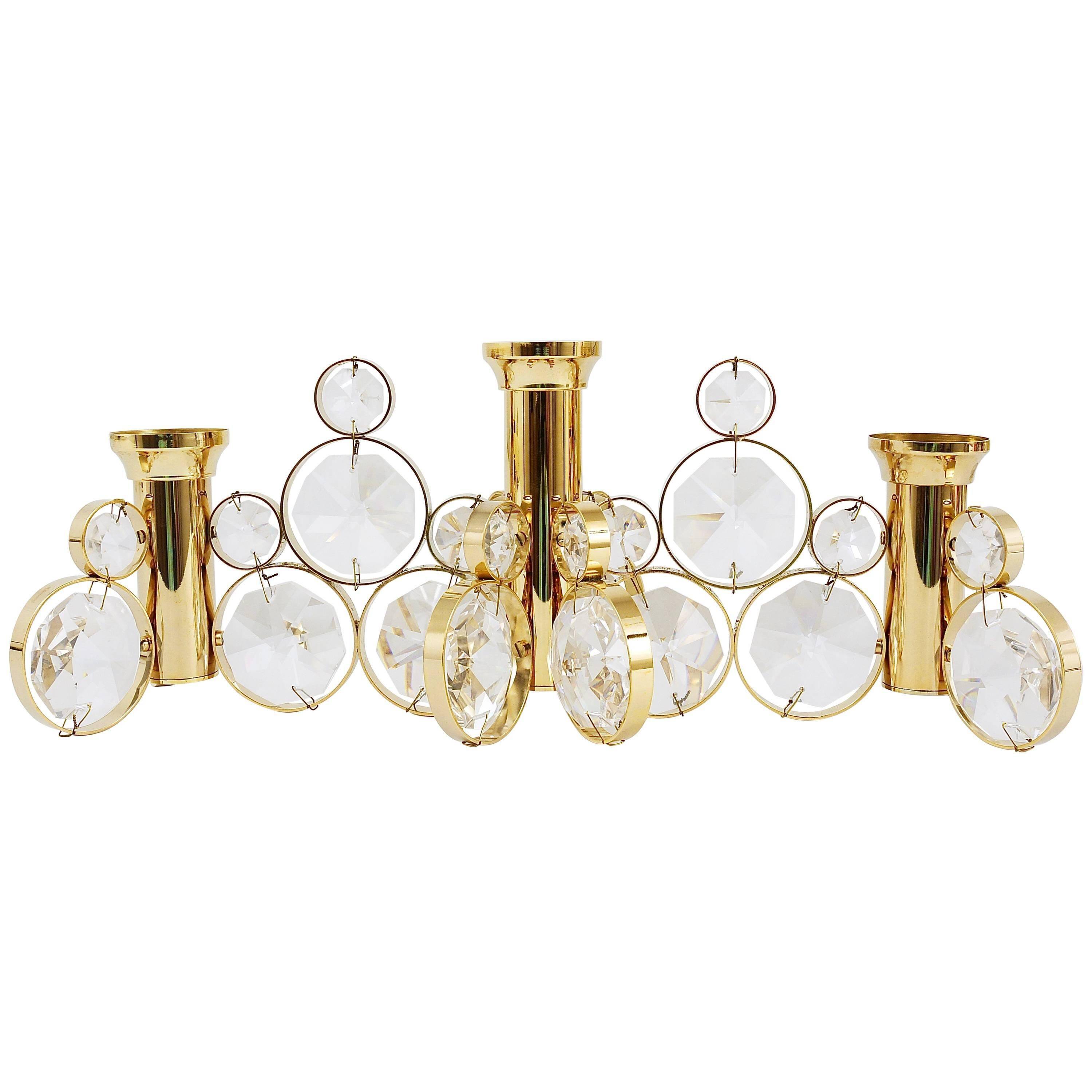 5 Palwa Style Candle Holders by Gaetano Sciolari in Brass and Crystal, 1970s