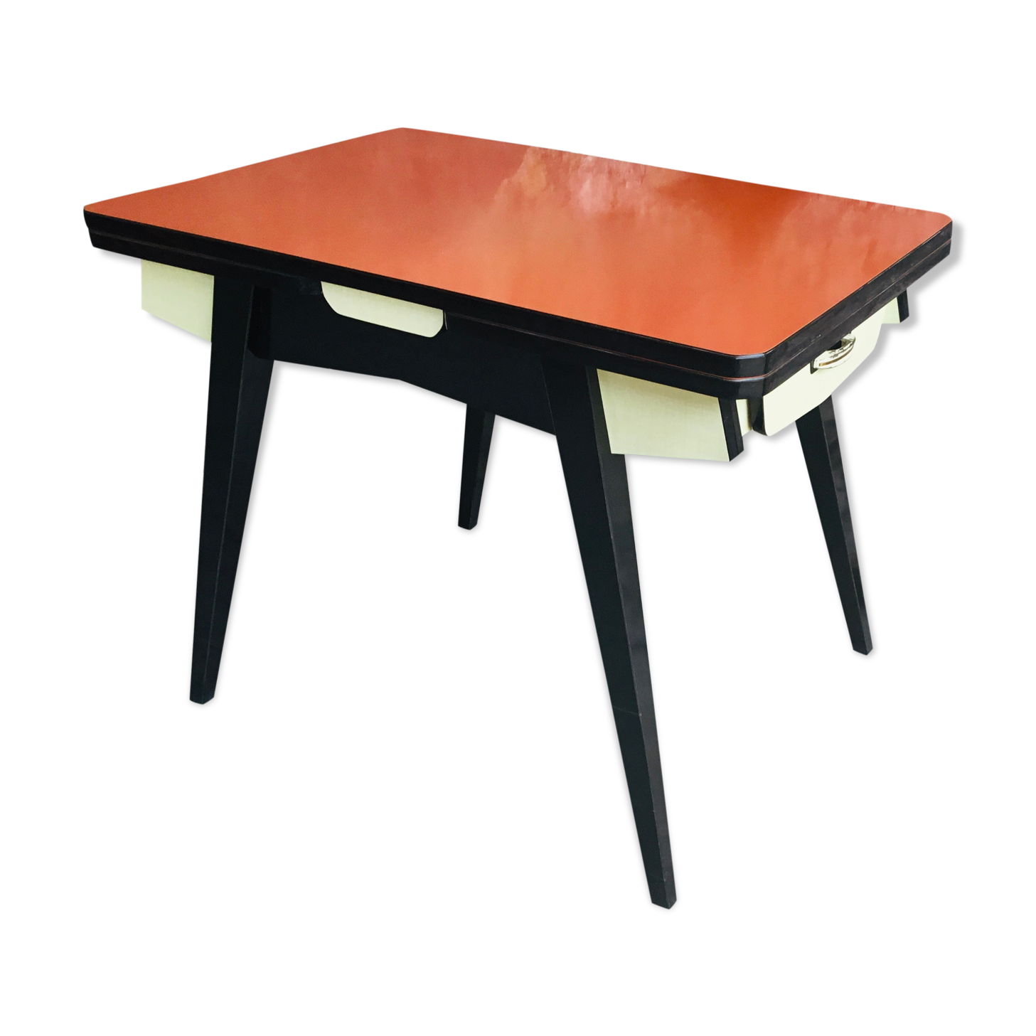 Vintage table with extension cords and orange-red formica drawers feet compass - 1960
