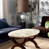Coffee table in wood, marble and onyx.