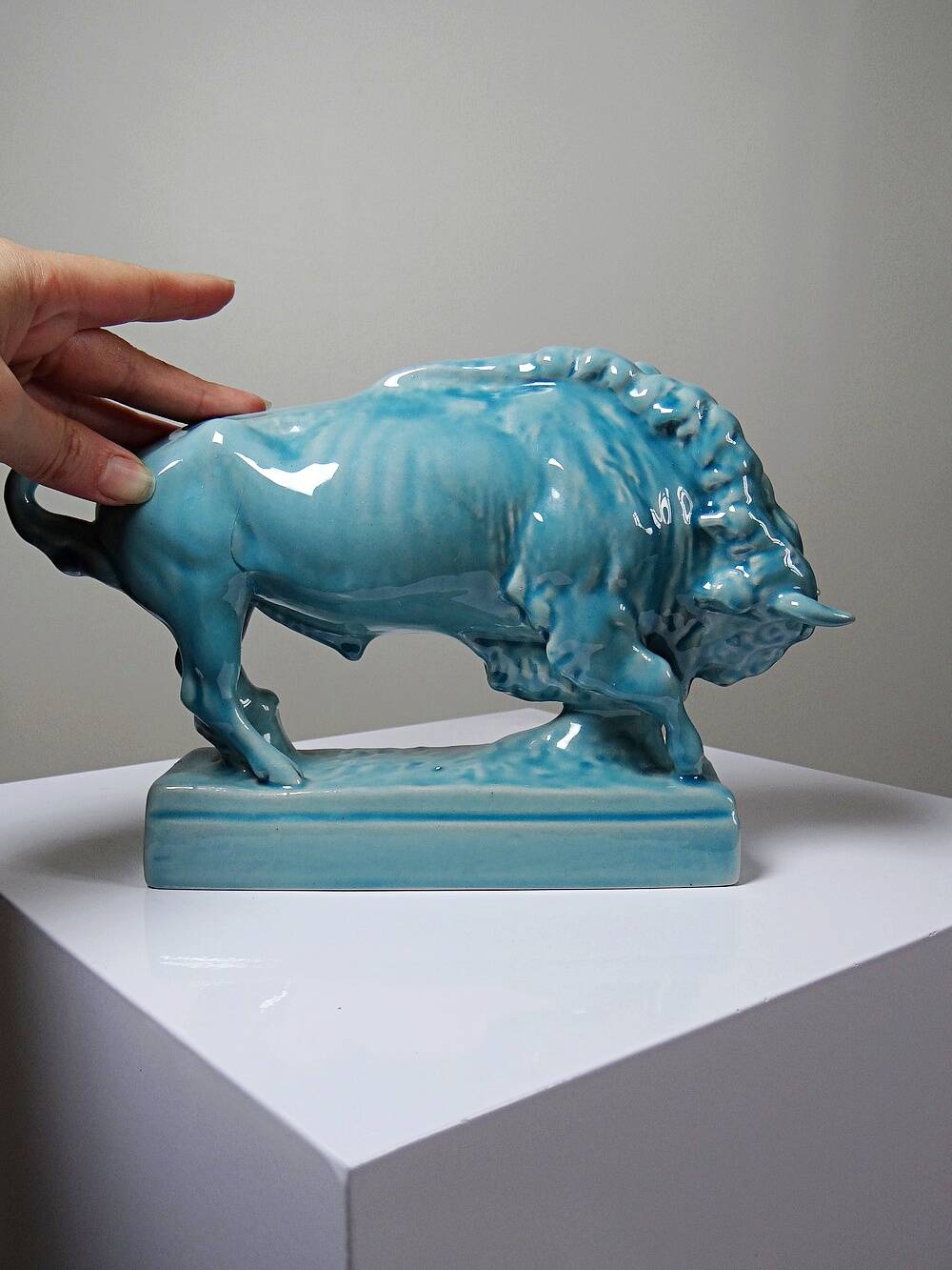 Bison Zsolnay in turquoise glazed earthenware, Hungary, 1940s-50s.