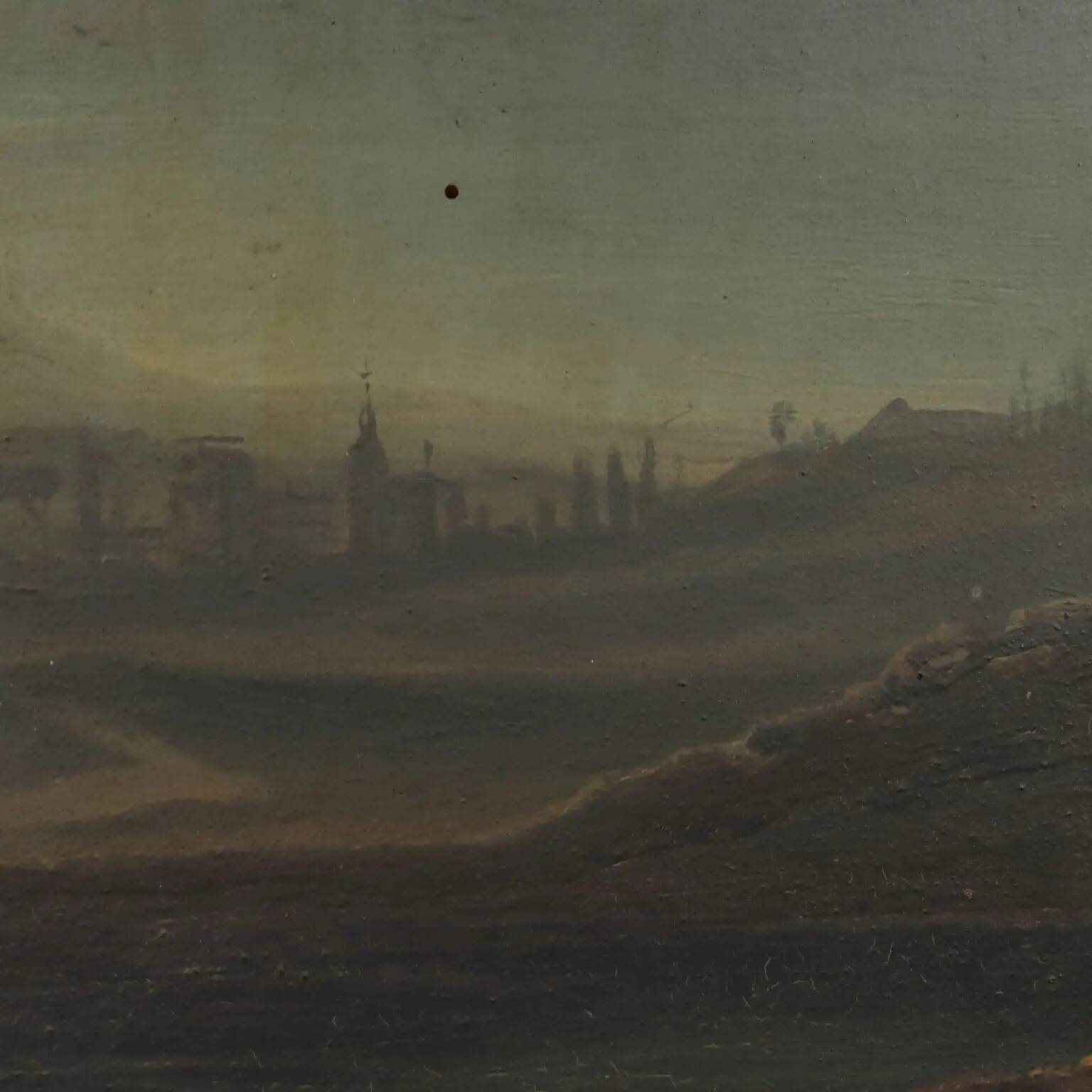 Old painting of a nocturnal landscape in oil on panel from the 19th century.