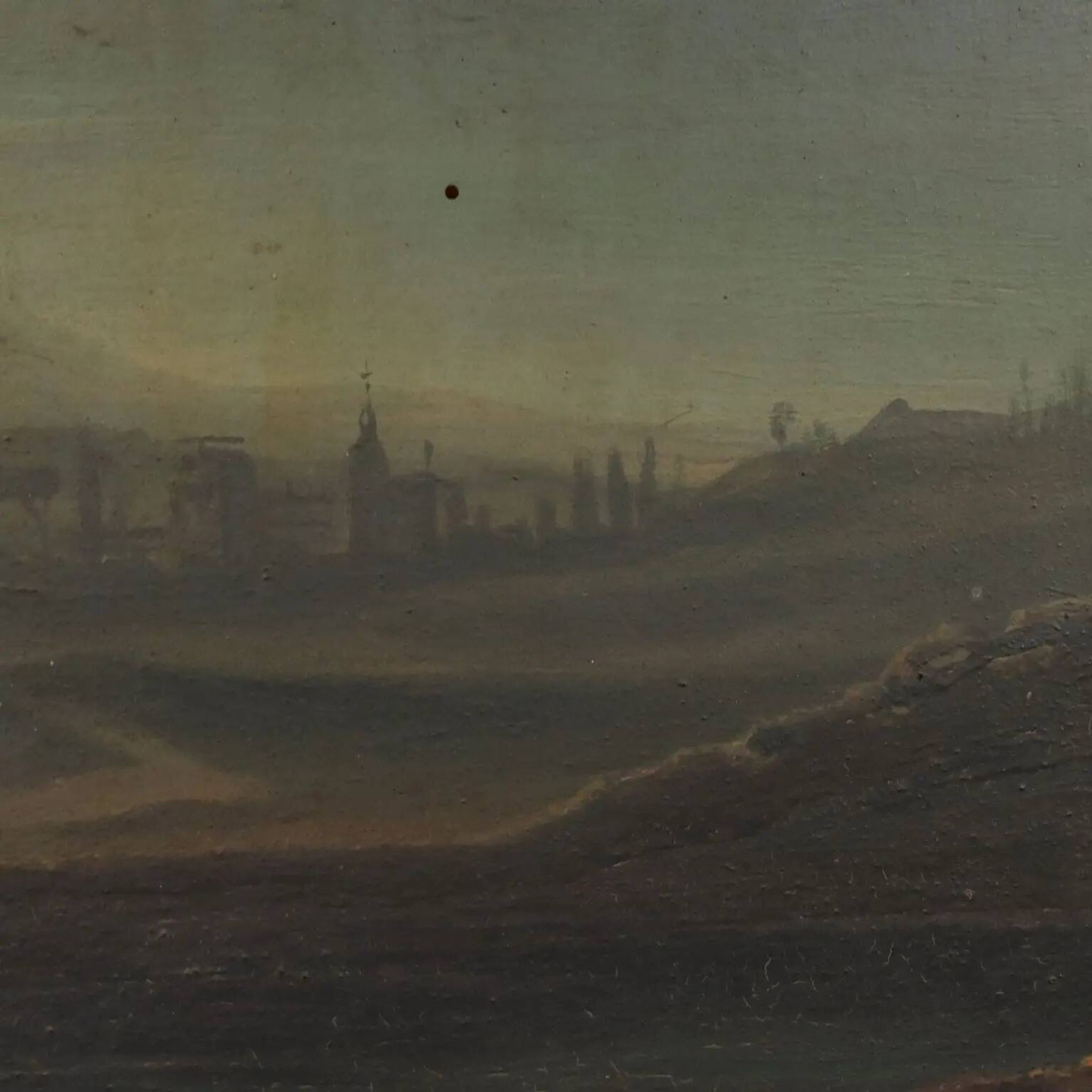 Old painting of a nocturnal landscape in oil on panel from the 19th century.