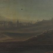 Old painting of a nocturnal landscape in oil on panel from the 19th century.