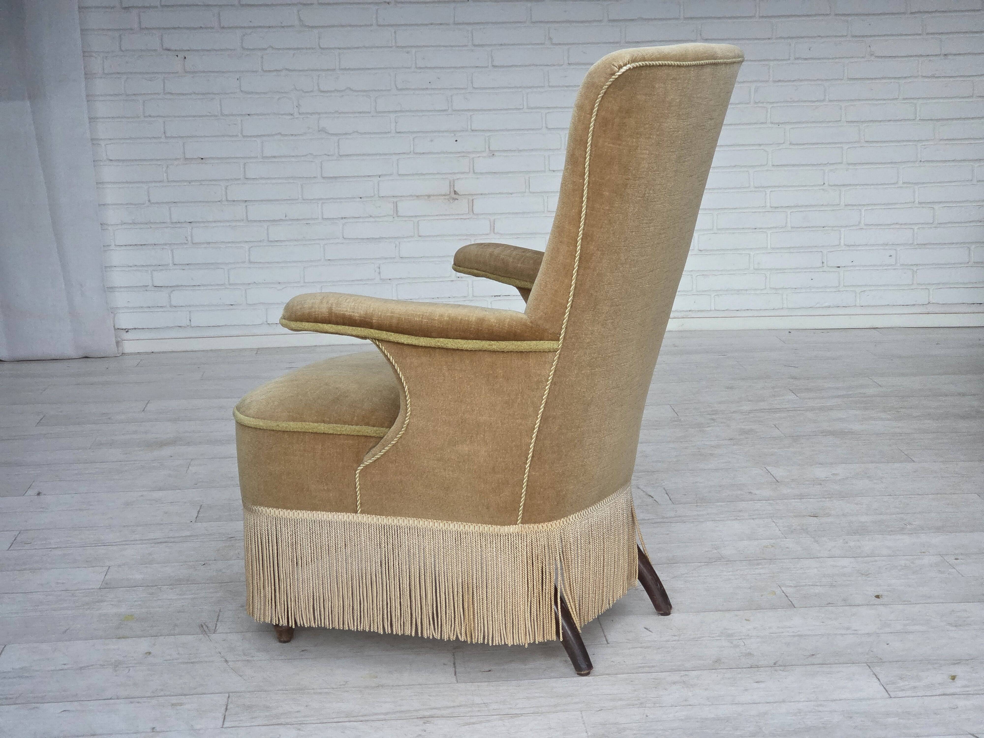 1950s, Danish armchair, furniture velour, ash wood legs.