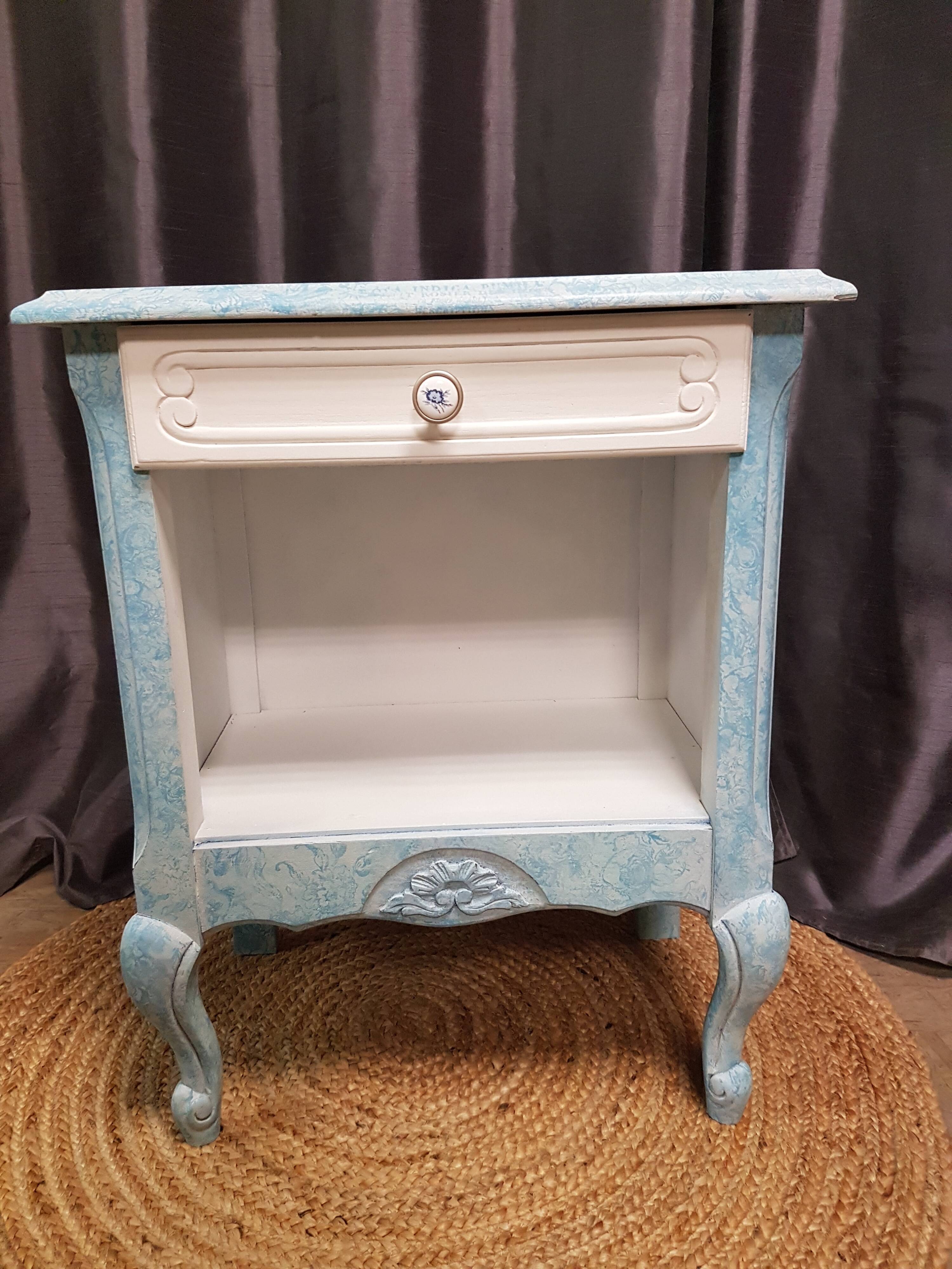 Low bedside table, 1 drawer, white and blue redesigned