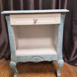 Low bedside table, 1 drawer, white and blue redesigned