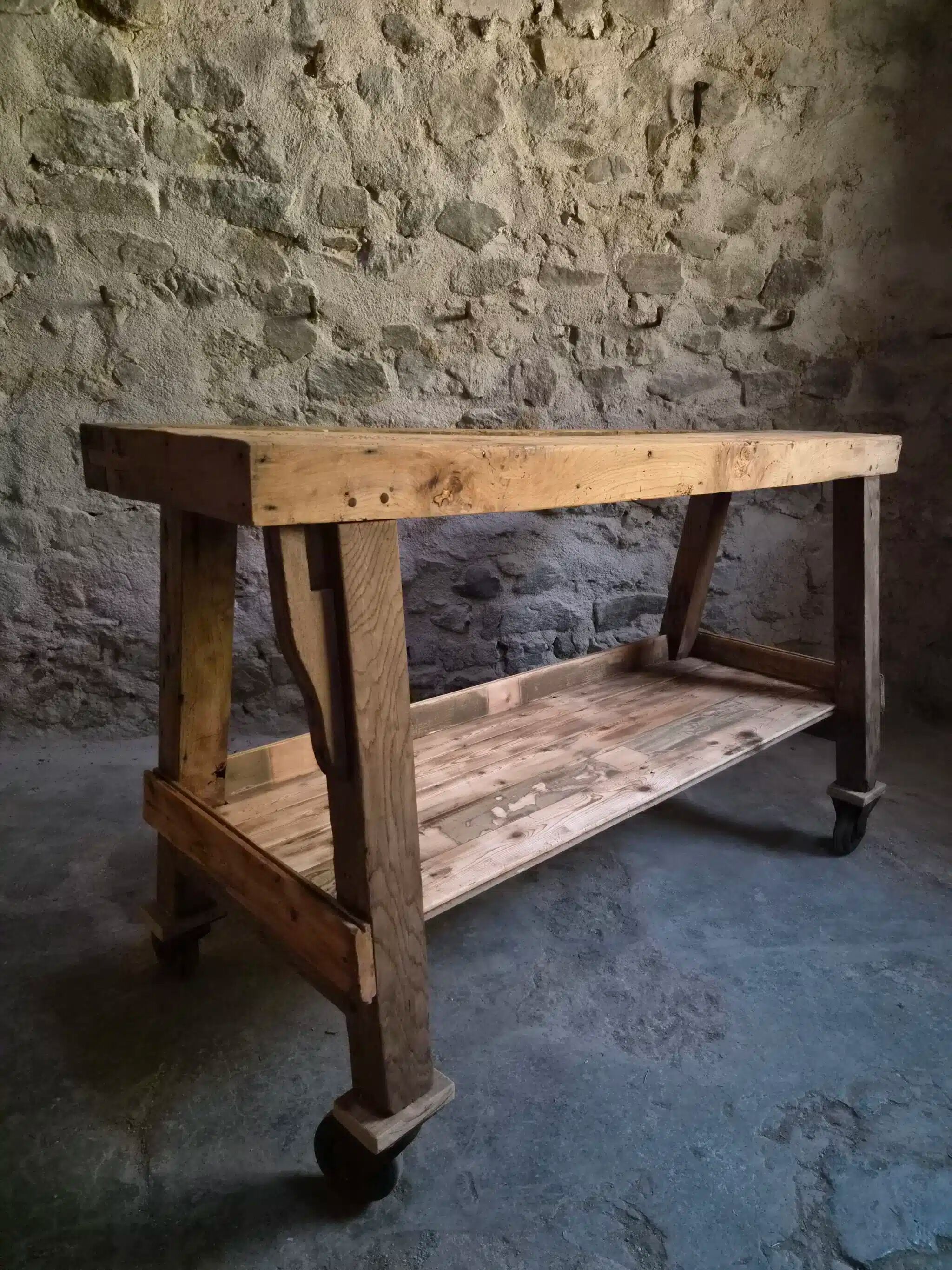 French industrial kitchen island, antique work table in chestnut and oak, circa 1900.