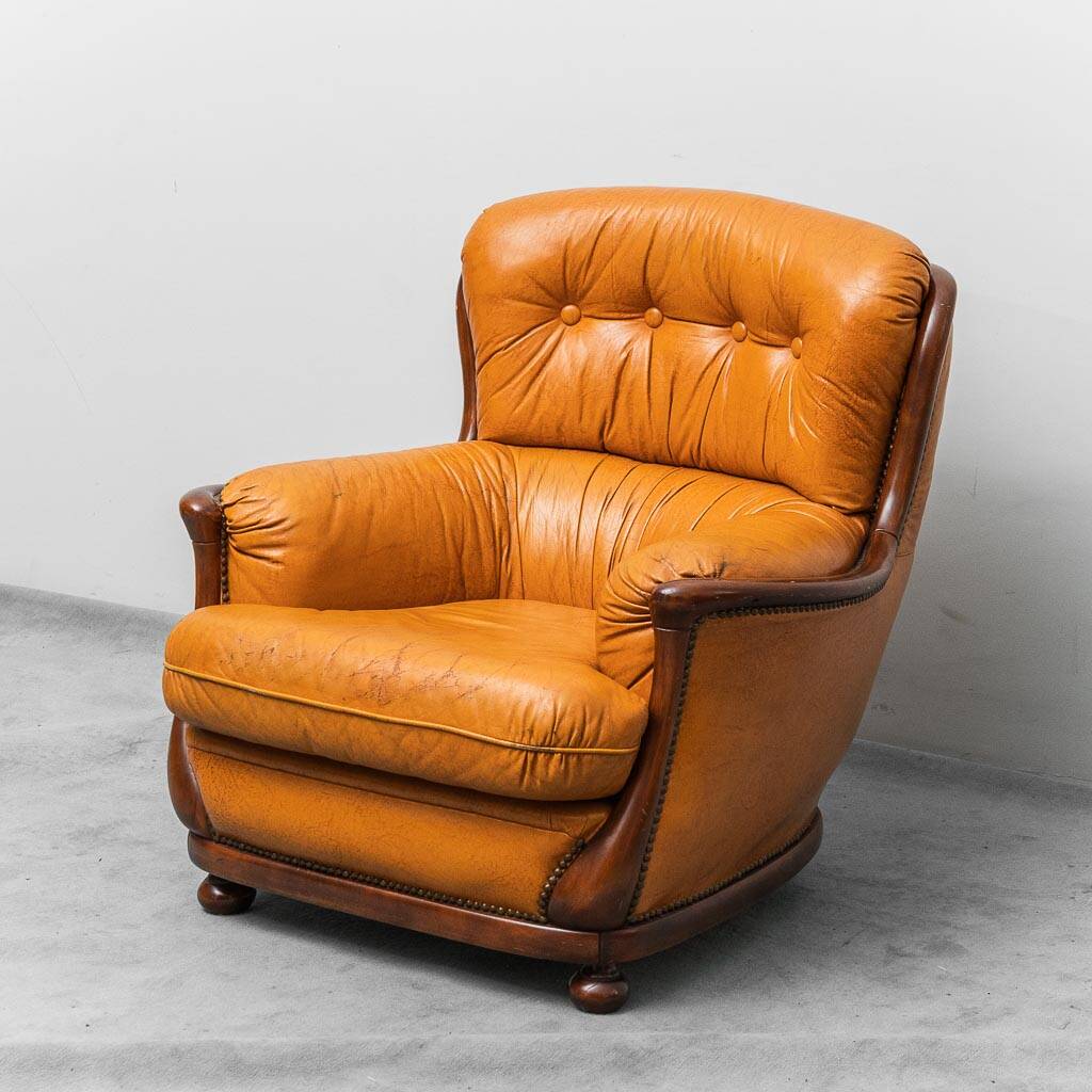 Pair of leather and wood armchairs 1950s vintage modernism