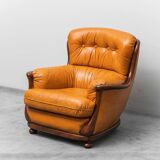 Pair of leather and wood armchairs 1950s vintage modernism