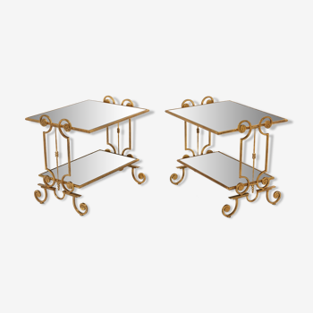 Pair of gilded wrought iron side tables and mirrors circa 1950