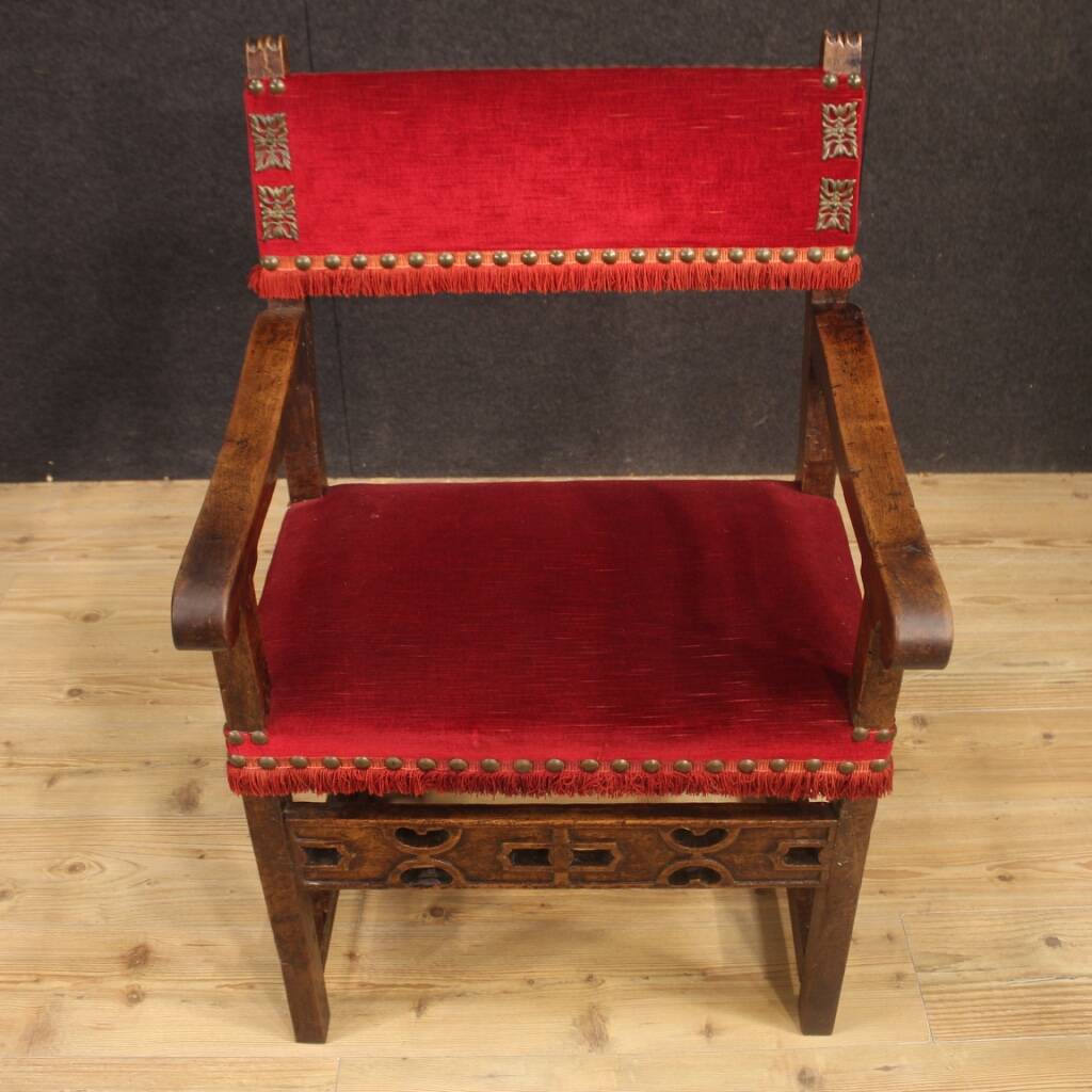 Antique Italian Walnut Armchair With Red Fabric From 19th Century