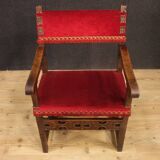 Antique Italian Walnut Armchair With Red Fabric From 19th Century