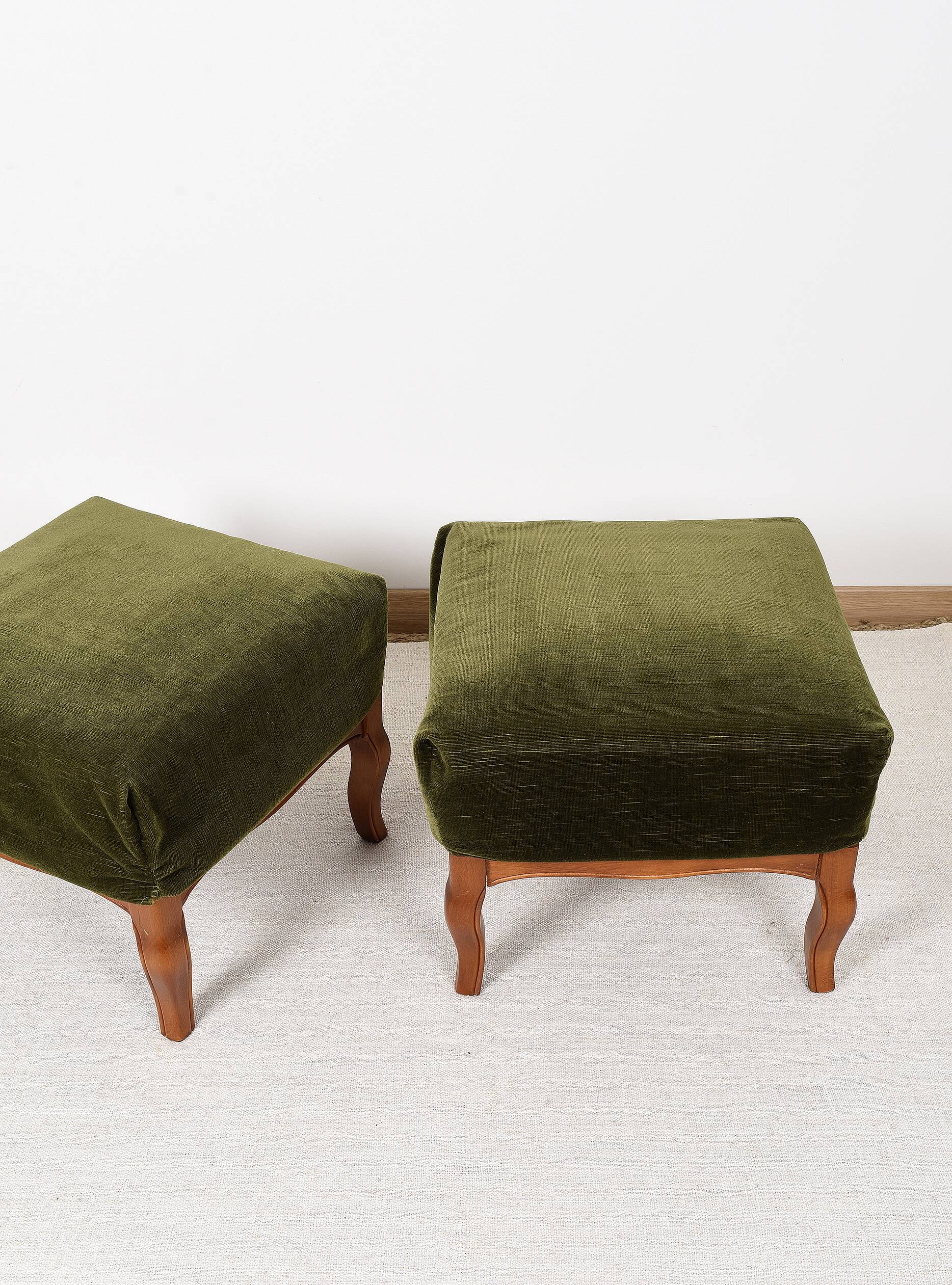 Pair of Pouf, Footrest, in green velvet