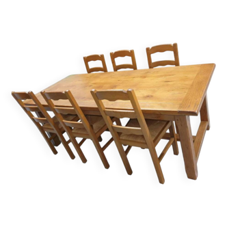 Table campagnarde en chêne massif et 6 chaises en bois et paille