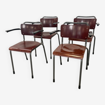 Lot de 4 chaises avec accoudoirs d’école vintage Gispen, des années 50, origine Pays-Bas